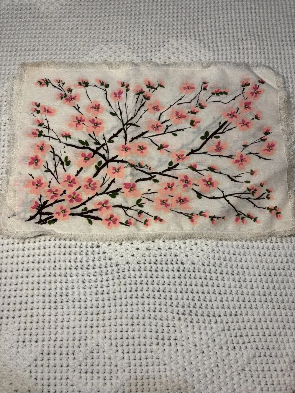 Vintage Hand Painted Cherry Blossom Placemats, Fringed Edged Linens, Set of 4